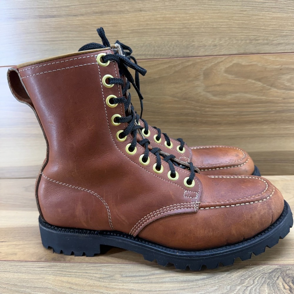 THOM MCAN Vintage Moc Toe Ranger Boot Mens 8.5 Saddle Brown Hard Toe Vibram Lug